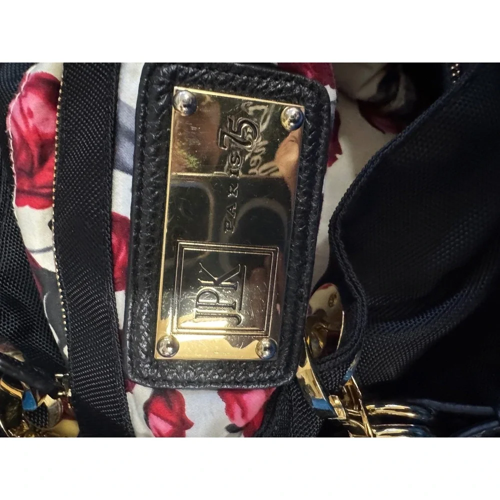 JPK Paris 75 Black Ballistic Nylon Hobo Bag Gold Hardware Floral Rose Lining